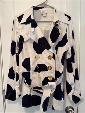 Just B Polka Dot Double-Breasted Trench Coat in White & Navy  size XL